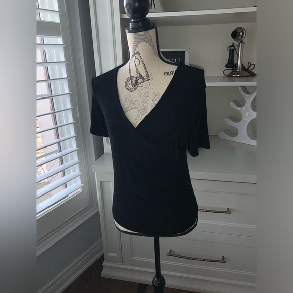 Vintage 90’S WESTERN COLLECTION Black Crossover V-Neck Short Sleeve shirt SZ M - Picture 4 of 14